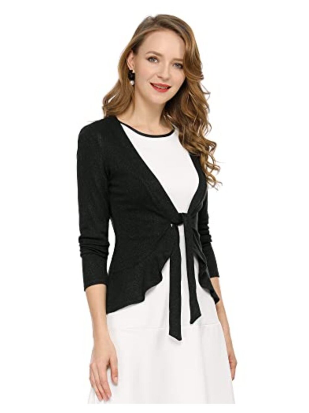 Tie Front Draped Ruffle Knit Cardigan with Long Sleeves